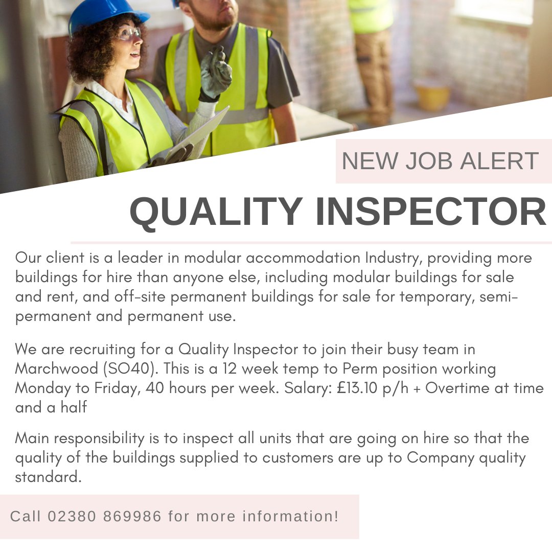 We are recruiting for a Quality Inspector in Marchwood (SO40). For more info, give Annemarie a call on 02380 869986 ☎️
#NewJob #Marchwood #Southampton #Construction #ApplyToday #CallMayday #MaydayPersonnel #Recruitment #Employment #MaydayRecruitment