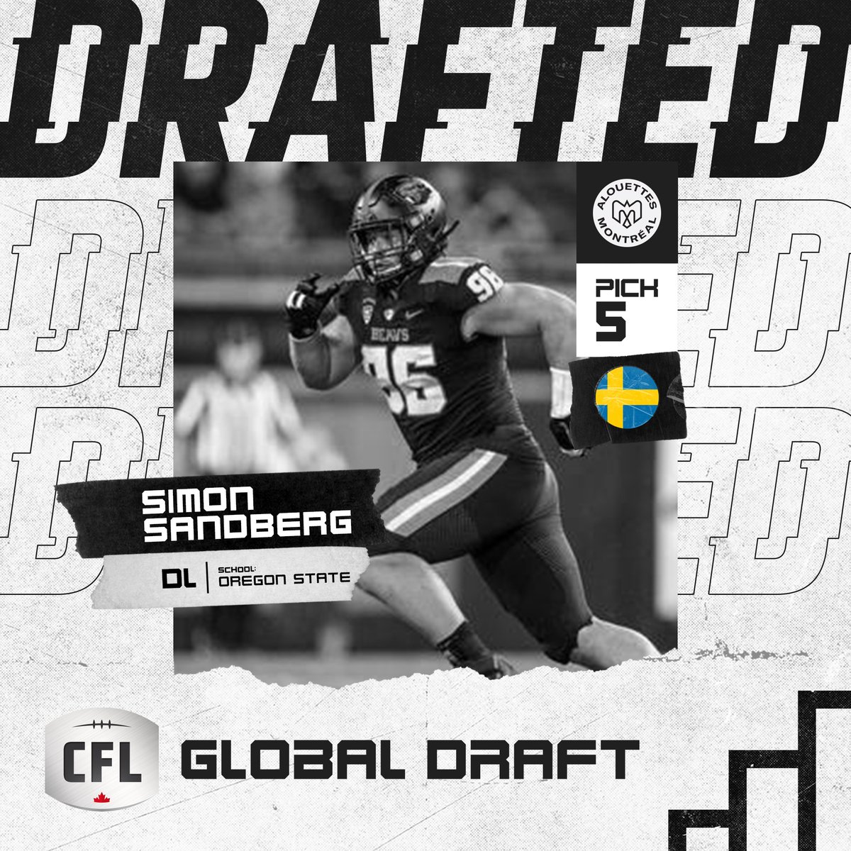 🇸🇪! The first Swede selected with the <a href="/MTLAlouettes/">Alouettes de Montréal</a> taking a <a href="/BeaverFootball/">Oregon State Football</a> DL.

#GlobalDraft