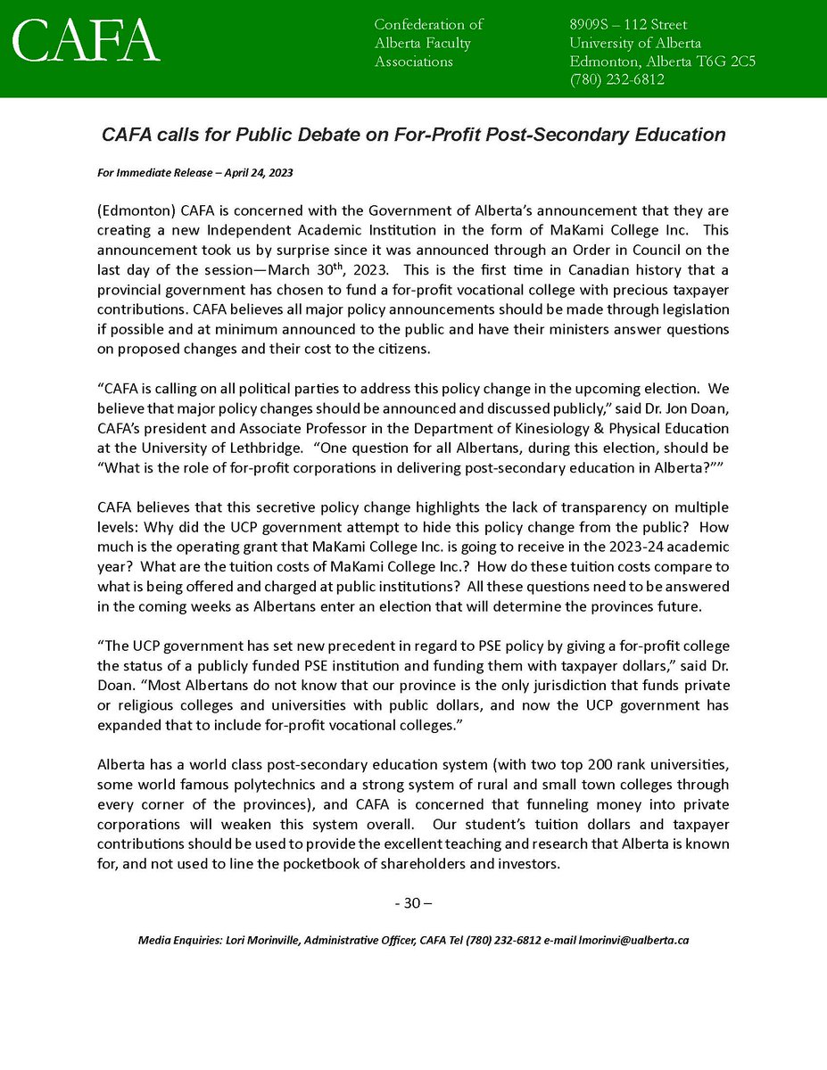 cafaab's tweet photo. CAFA is concerned with the Government of Alberta’s announcement that they are creating a new Independent Academic Institution in the form of MaKami College Inc. This announcement took us by surprise since it was announced through an Order in Council on the last day of the session—March 30th , 2023.