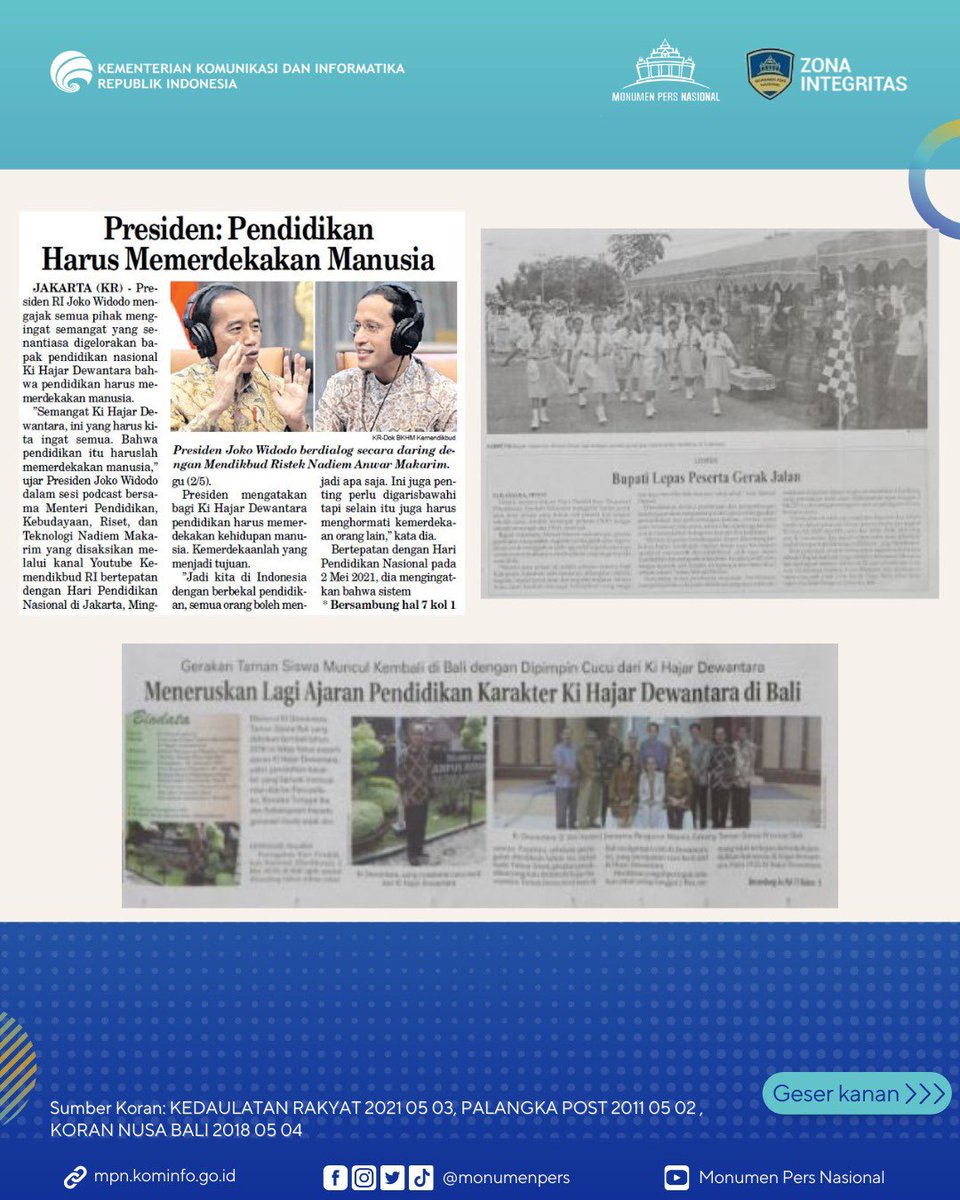 monumenpers's tweet photo. Koleksi koran-koran tentang Hari Pendidikan Nasional ada di Monumen Pers Nasional Surakarta. Yuk Sobat Monpers cek koleksi e-paper kita!
#Hardiknas #HariPendidikanNasional #KiHadjarDewantara #TutWuriHandayani #MonumenPersNasional #KoleksiMonpers #MonumenPers #Monpers https://t.co/YJoNXJOPag