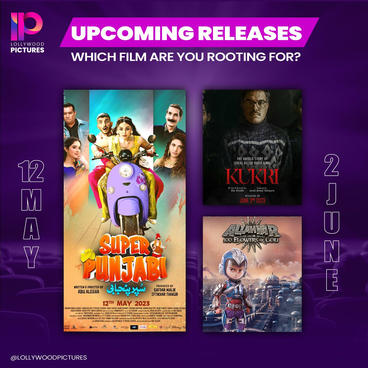 Here's how Films Calendar look like for the next few weeks! 

Which Film are you rooting for? 

#SuperPunjabi (12 May 2023) 
#Kukri (2nd June 2023) 
#Allahyar100FG (2nd June 2023) 

#LollywoodPictures #UpcomingMovies #PakistaniCinema #LollywoodMovies #Entertainment #Celebs