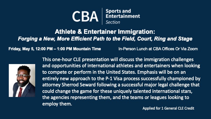 ProStarSports's tweet image. The @COBarAssoc Sports &amp;amp; Entertainment Law Section invites all sports &amp;amp; entertainment firms to a live Zoom presentation this Friday on a new approach to tackling immigration issues affecting our talented international clients! 
Register here:  cobar.org/Calendar/Event…