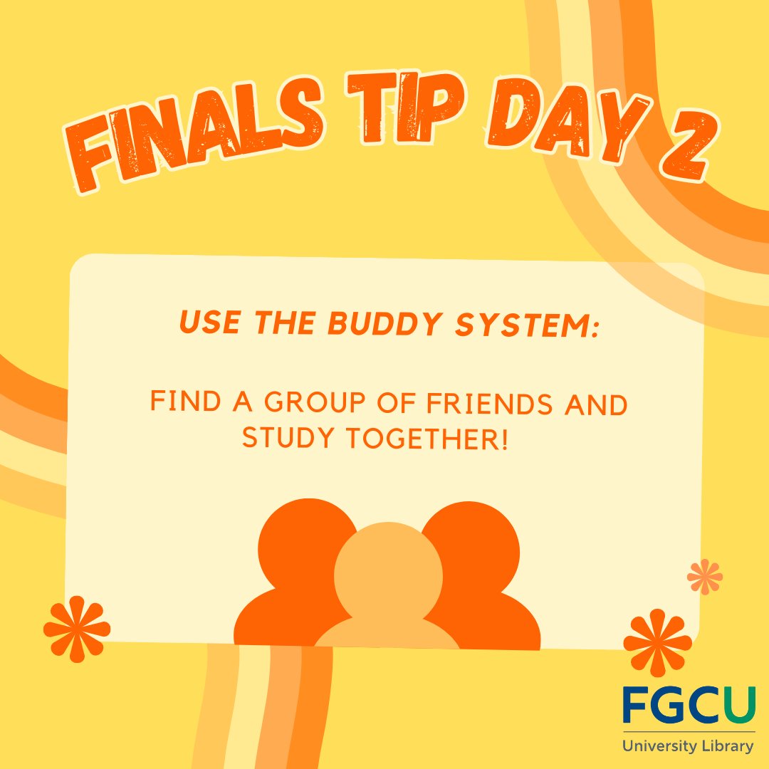 After taking some time yesterday to plan out your week: now it is time to find some study buddies and execute that plan together! (plus, studying is more fun with a friend)

#finals #finalsweek #fgcu #library #fgculibrary #study