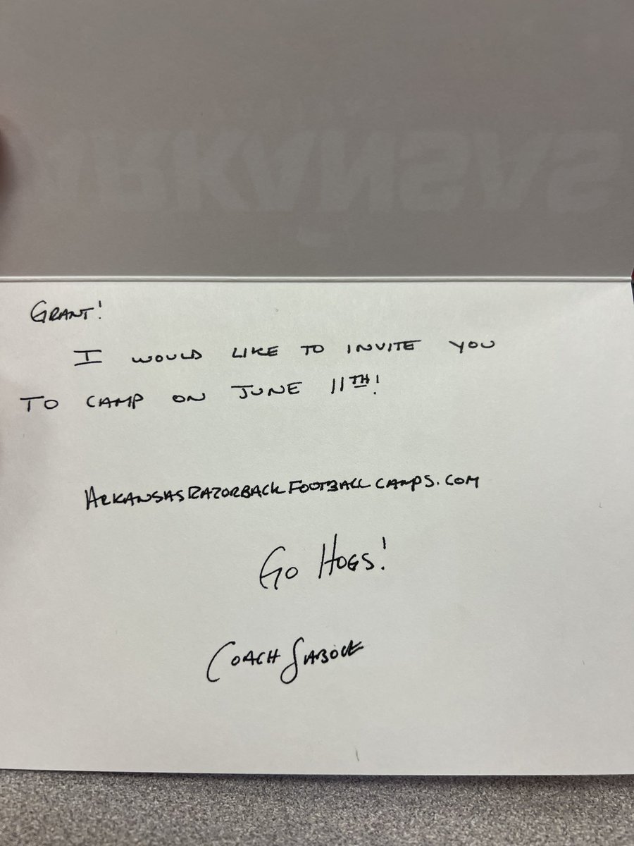 Thank you <a href="/RazorbackFB/">Arkansas Razorback Football</a> for the letter invite to y’all’s special teams camp!
<a href="/CoachJBowen/">Justin Bowen</a> <a href="/CoachMHolcomb/">Miles Holcomb</a> <a href="/KohlsSnapping/">Kohl's Snapping Camps</a> <a href="/Southside_FBall/">Southside Football</a> 
<a href="/Coach_Casper/">Coach Casey Casper</a>