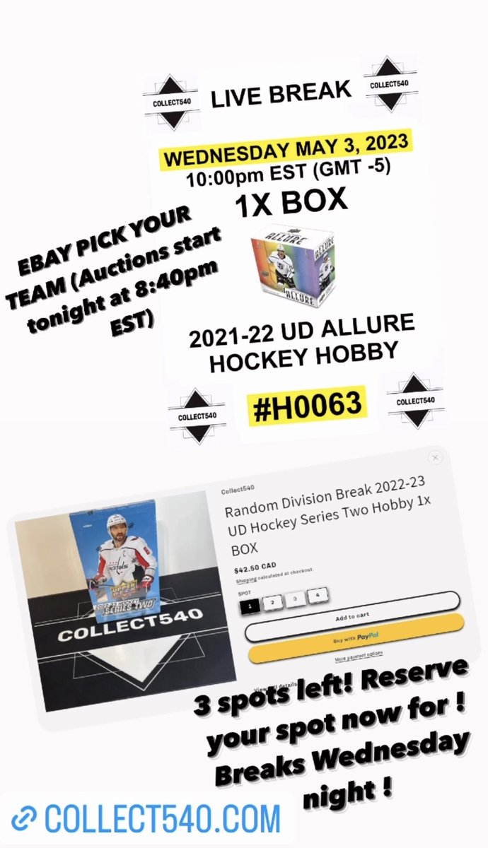collect540's tweet photo. Visit https://t.co/M7evxzj8dj to reserve your division spots now ! Live show tomorrow night wednesday may 3 at 9:00pm on youtube ! Use welcome code at checkout for 10% off your first order with us! #hockeybreak #hockey #hockeycards https://t.co/Gt6ZrEGNa7