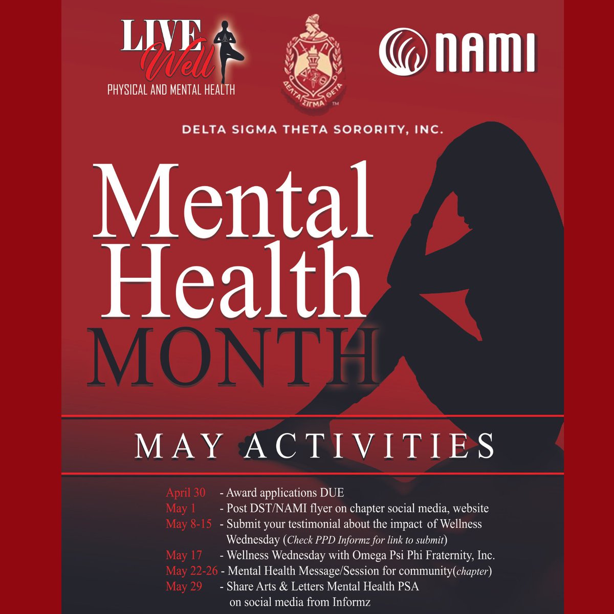 May is Mental Health Awareness Month! Delta Sigma Theta Sorority, Incorporated is invested in helping our members and the communities we serve live well - both mentally and physically. Join us throughout the month as we partner with NAMI to raise awareness about mental health.