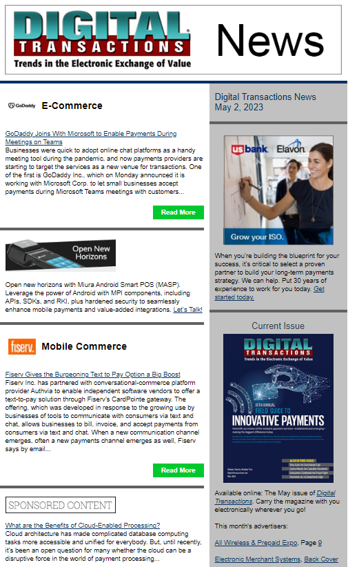 DTPaymentNews's tweet photo. Today’s Digital Transactions News: GoDaddy in Teams Payments Service; Fiserv’s Text to Pay Boost; Rev Worldwide Closes Netspend Deal
https://t.co/0R08j4Y9N8
#payments #texttopay #acquisitions #prepaidcards #Teams #virtualmeetingpayments #processors https://t.co/mMchTn5hmm