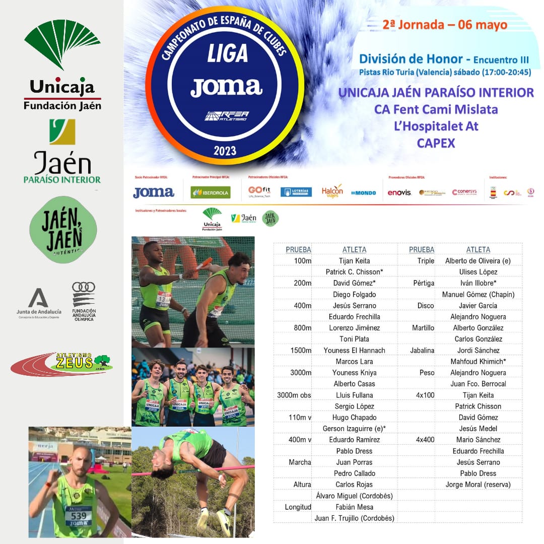 UnicajaAtletism's tweet photo. Campeonato de España 🇪🇸 de Clubes categoría División de Honor.
Segunda jornada que se celebrará este sábado 6 de mayo. El equipo masculino viajará a Valencia y el femenino a Soria.

Mucha suerte!! 🍀 🍀 https://t.co/BjmR5siXJm