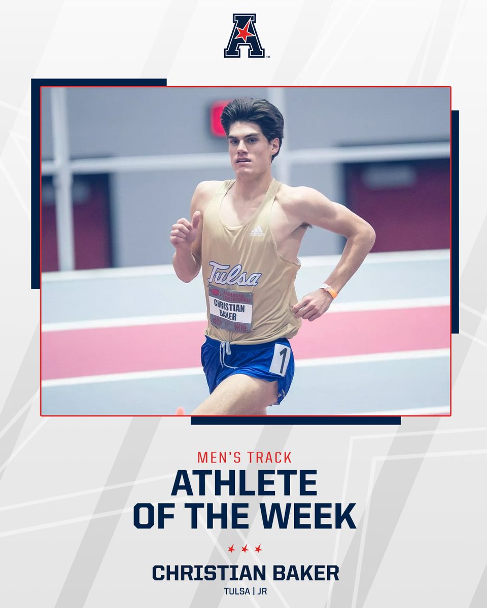 AmericanXCTrack's tweet photo. 𝗠𝗲𝗻'𝘀 𝗧𝗿𝗮𝗰𝗸 𝗔𝘁𝗵𝗹𝗲𝘁𝗲 𝗼𝗳 𝘁𝗵𝗲 𝗪𝗲𝗲𝗸 

Christian Baker of @TulsaTrack broke the conference 3,000 meter steeplechase record, running an 8:38.66 - the 13th fastest tim in the country!

#AmericanTF https://t.co/R7yPw5g8nb