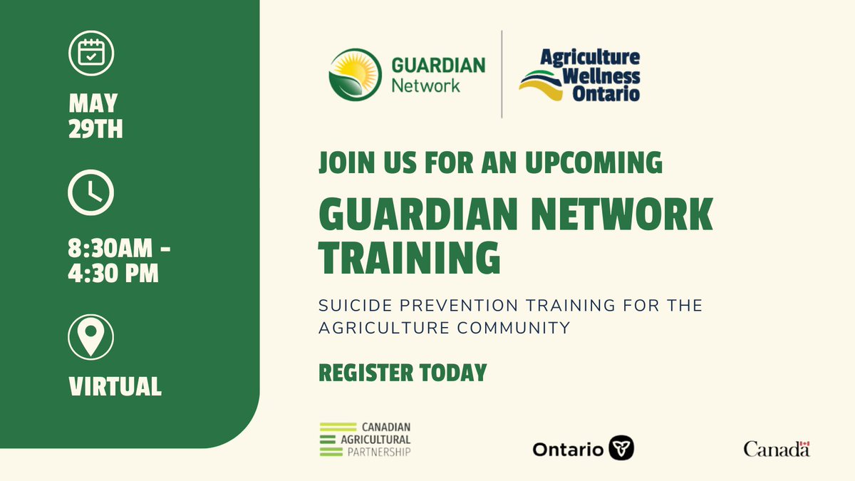 The Guardian Network is a volunteer suicide prevention network supporting Ontario’s farming community. It includes training &amp; program components to receive support &amp; participate in continuous learning.

Join us virtually for FREE. Click below to register:
form.jotform.com/222335664675260