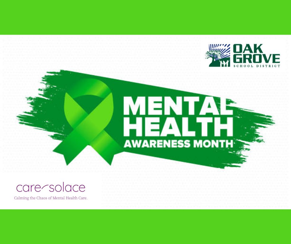 May is #mentalhealthawarenessmonth, a time to #breakthestigma and encourage anyone who needs help to seek help. To find a mental health care provider, contact #CareSolace, a free mental health care coordination service provided by OGSD at 888-515-0595 or caresolace.com/oakgrovesd.