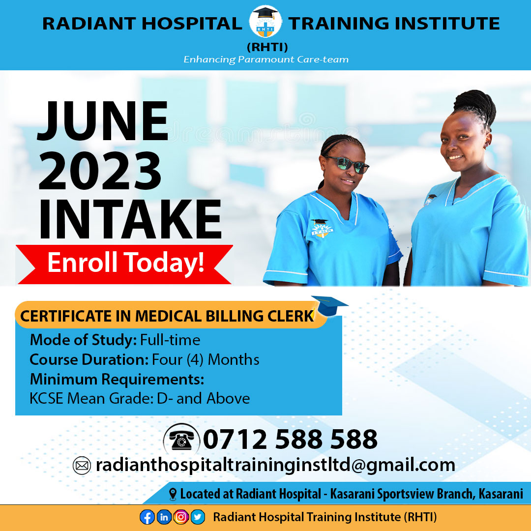 rhti_college's tweet photo. Enhance your skills and choose your dream career @rgh_institute 
Introducing: Cert. in Patient Attendant
• Minimum qualification: KCSE Mean Grade D- &amp; Above
• Course Duration: 4 months
June Intake currently ongoing!
To enroll, Call/Text/WhatsApp: 0712588588
#JuneIntake
#RHTI https://t.co/BjZl1dJWOM