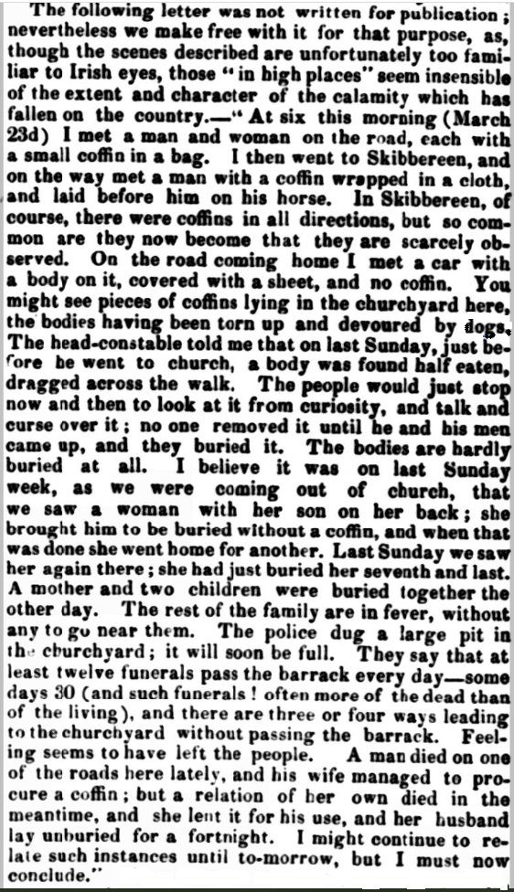 A disturbing account of hunger and death written during the Famine. Westmeath Guardian and Longford News-Letter, 8 April 1847. #IrishFamine #GreatFamine #GortaMor
