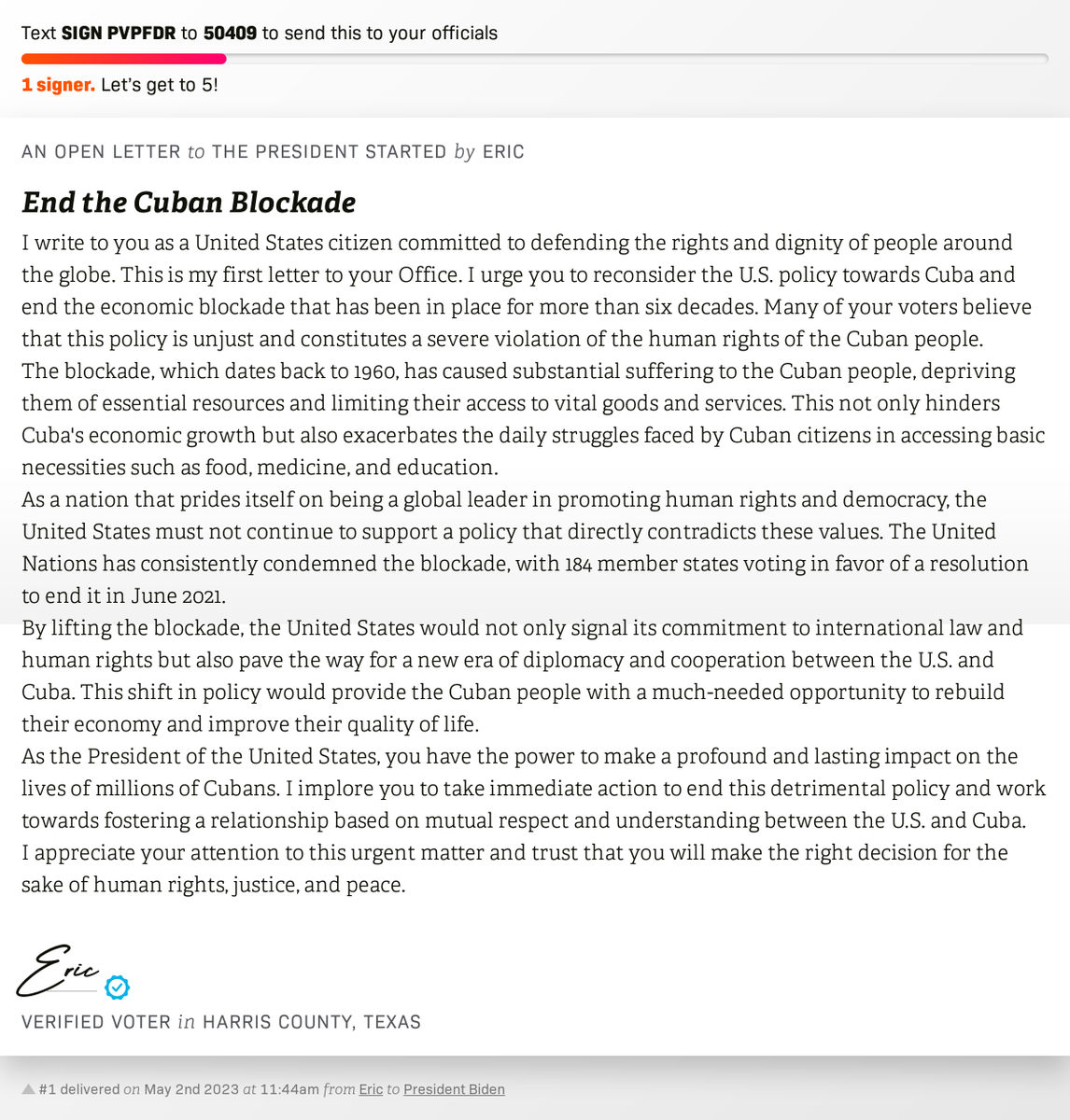 openletterbot's tweet image. 🖋 Sign End the Cuban Blockade and I'll deliver a copy to your officials:   📨 No. 1 is from Eric to @POTUS #TX18 #TXpolitics
