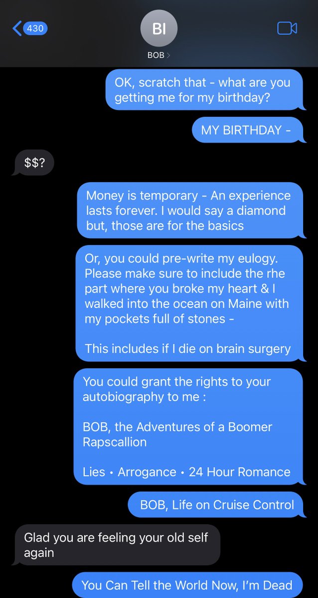 These are just working titles - but BOB decided to menace me over the $500 in tolls he paid from Maryland & visiting @meetmaryalice - not my problem he pays them all late.