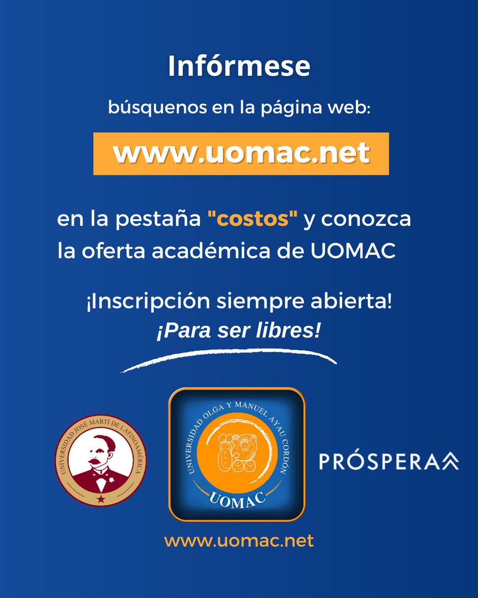 UOMAC_'s tweet photo. Para más información ingrese a nuestro Campus virtual:
💻🛜https://t.co/EbjcBdHdiM
📨 informacion@uomac.net
📲WhatsApp o Telegram: +505 5805-8928
UOMAC “La Universidad en línea”
¡Para ser libres!
#UOMAC
#ParaSerLibres
#EducaciónEnLínea
#Doctorados
#Maestrías
#Licenciaturas https://t.co/f38rP7Zlt1