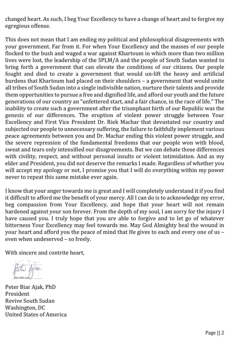 I applaud <a href="/AjakPeter/">Peter Biar Ajak</a> for taking this step. It takes courage for one to acknowledge where they went wrong. I know how you felt after you were unlawfully detained, it takes time to heal and I’m glad your heart is at ease to publicly apologize to the president. #SSOT