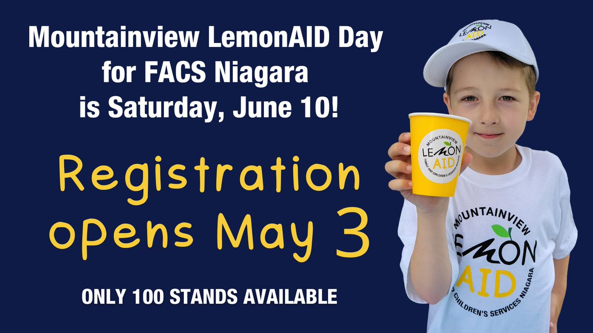 FACSNiagaraFdn's tweet photo. Mountainview LemonAID Day for FACS Niagara is right around the corner! Starting tomorrow at 9am, register your team to host a lemonade stand in Niagara on Saturday, June 10 and help give kids in our community the experience of summer camp 🍋  https://t.co/txdM9qy4VK https://t.co/HKh2D6fZrR