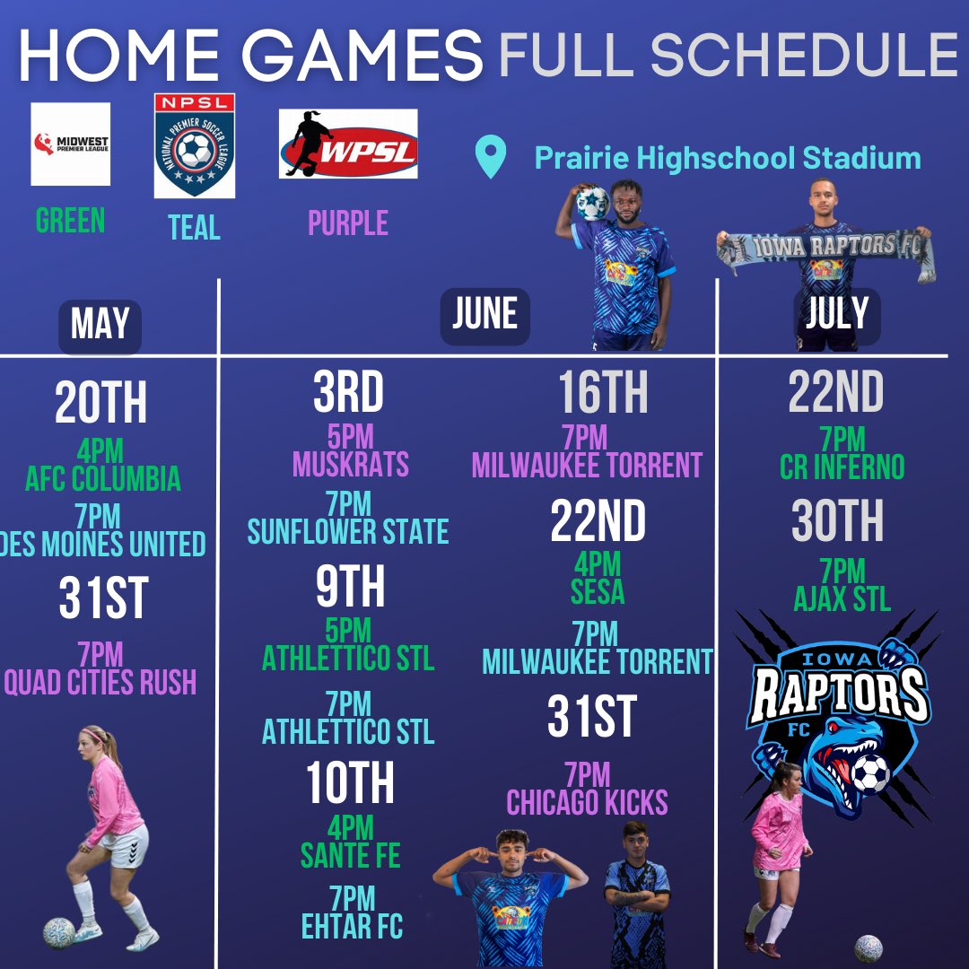 IARaptorsFC's tweet photo. Your Iowa Raptors Home 2023 Schedule for all 3 leagues!⚽️🦖

#runwiththeraptors #cedarrapidsiowa #cedarrapids https://t.co/Kt5vOMoVOM