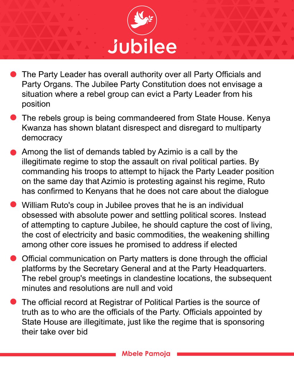 JubileePartyK's tweet photo. The Party Leader H.E. Uhuru Kenyatta can summon a meeting of any organ of the Party at any time as provided for under Article 10 of the Party Constitution. 
#MbelePamoja https://t.co/eraJRZye04