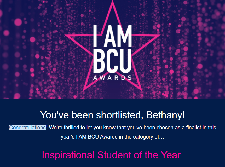 What a lovely surprise. Thank you to the lovely person who nominated me. 
Super gutted I can't make it to the event. 
Well done to everyone who has been nominated and shortlisted. An inspiring team! 
#IAmBCUAwards #IAmBCU @BCU_CYPnursing @BCUHELS