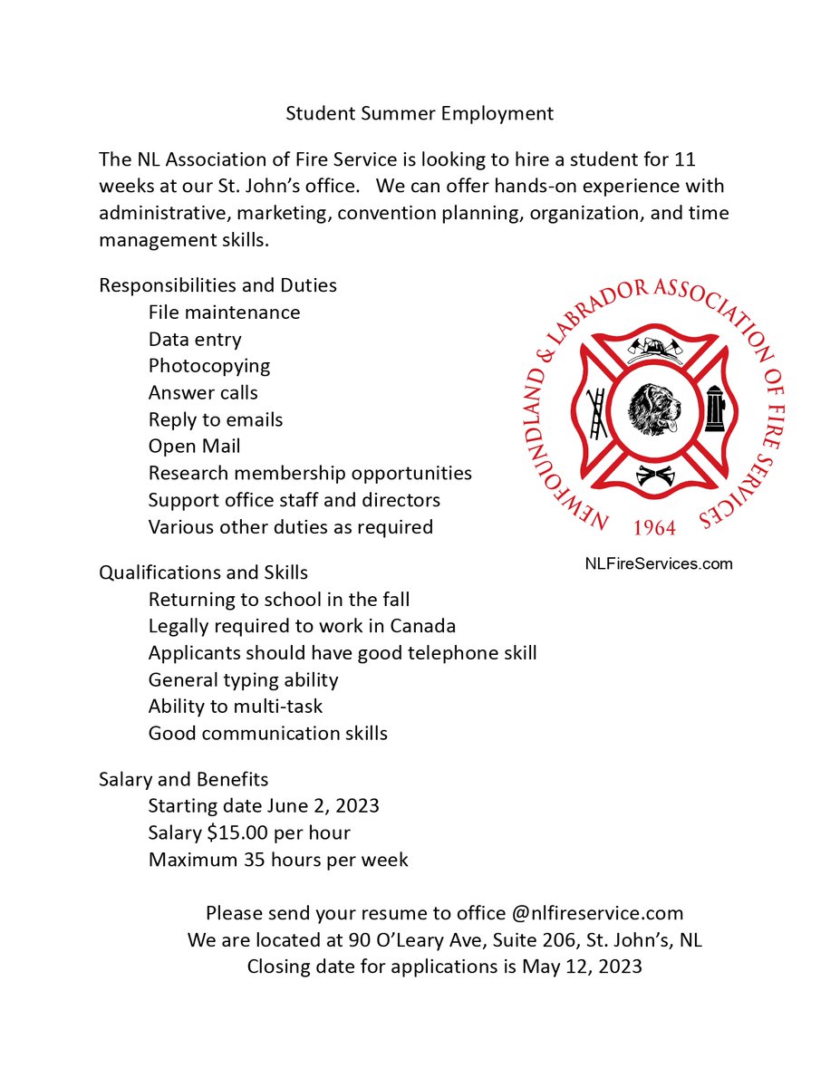Student Summer Employment Opportunity. See Below or at: nlfireservices.com/2023student