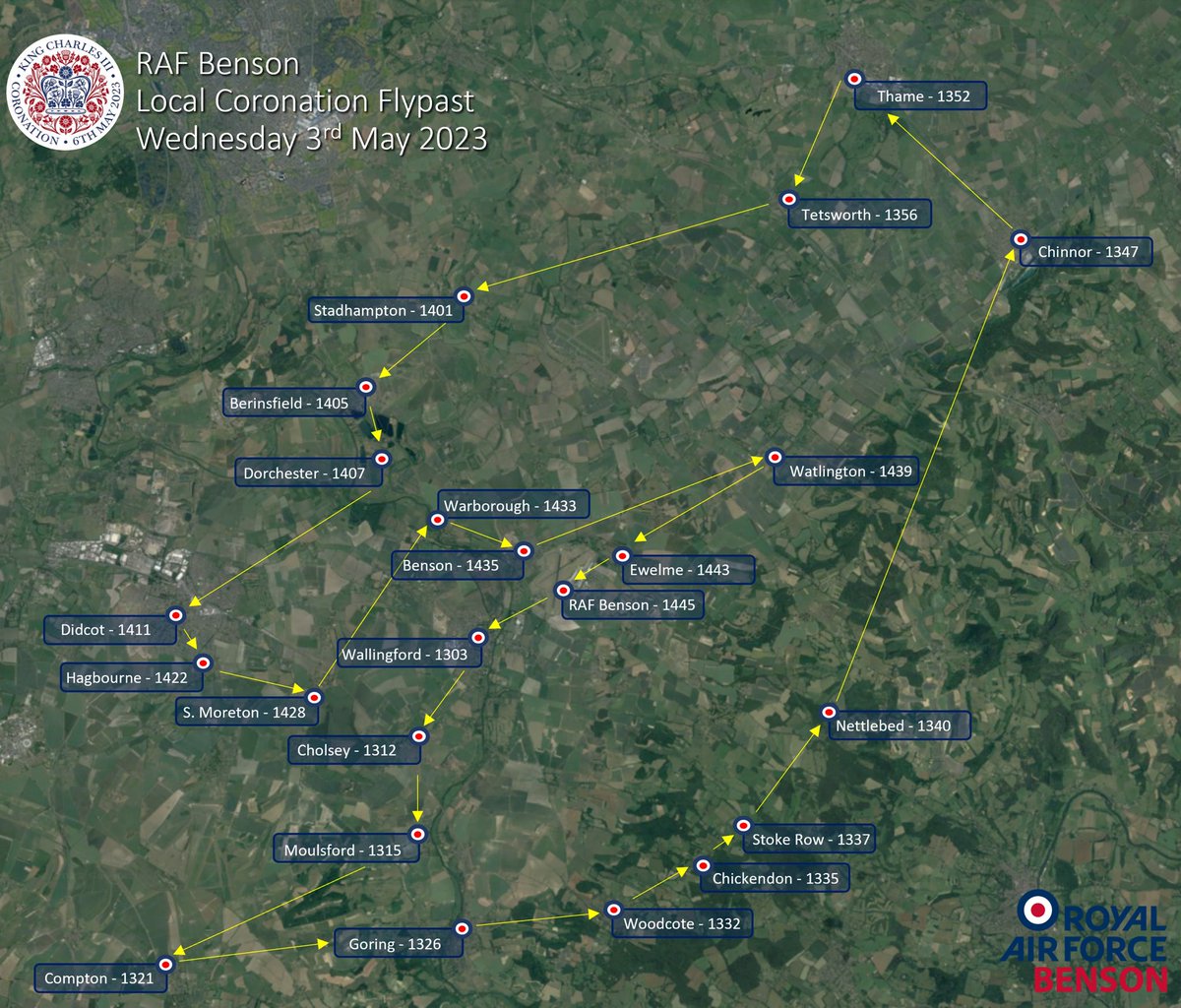 RAFBenson's tweet photo. Tomorrow, we will be undertaking a flypast of our local schools in celebration of His Majesty The King’s Coronation.
 
You can see the route and timings in the image, make sure you give us a wave! 👋 👋 https://t.co/yDTXdKYlpQ