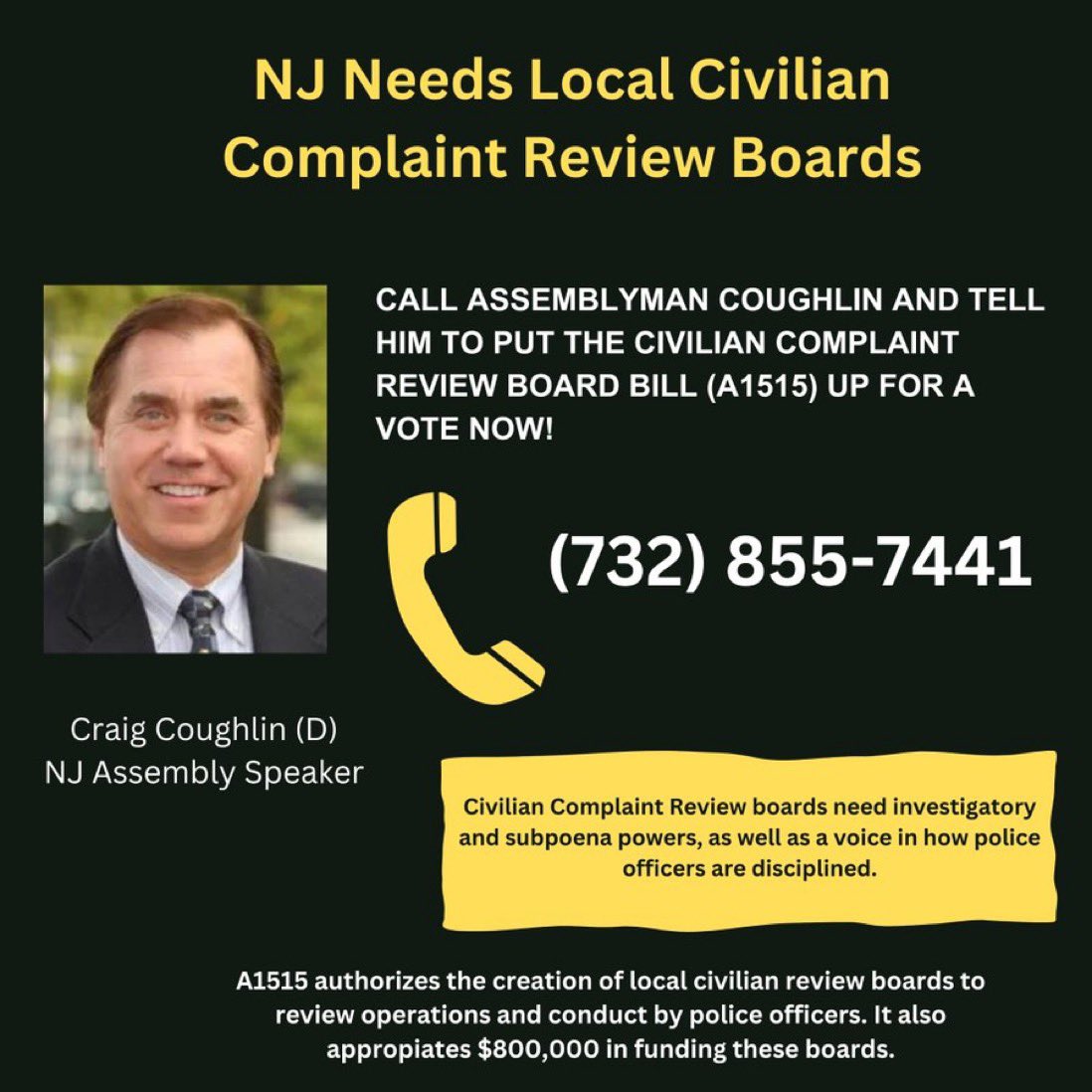 blm_paterson's tweet photo. 🚨 Call to action!! 🚨 

☎️ Call Assemblyman Coughlin and tell him to put the Civilian Complaint Review Board bill (a1515) up for a vote now! https://t.co/zUJvuHqOpO