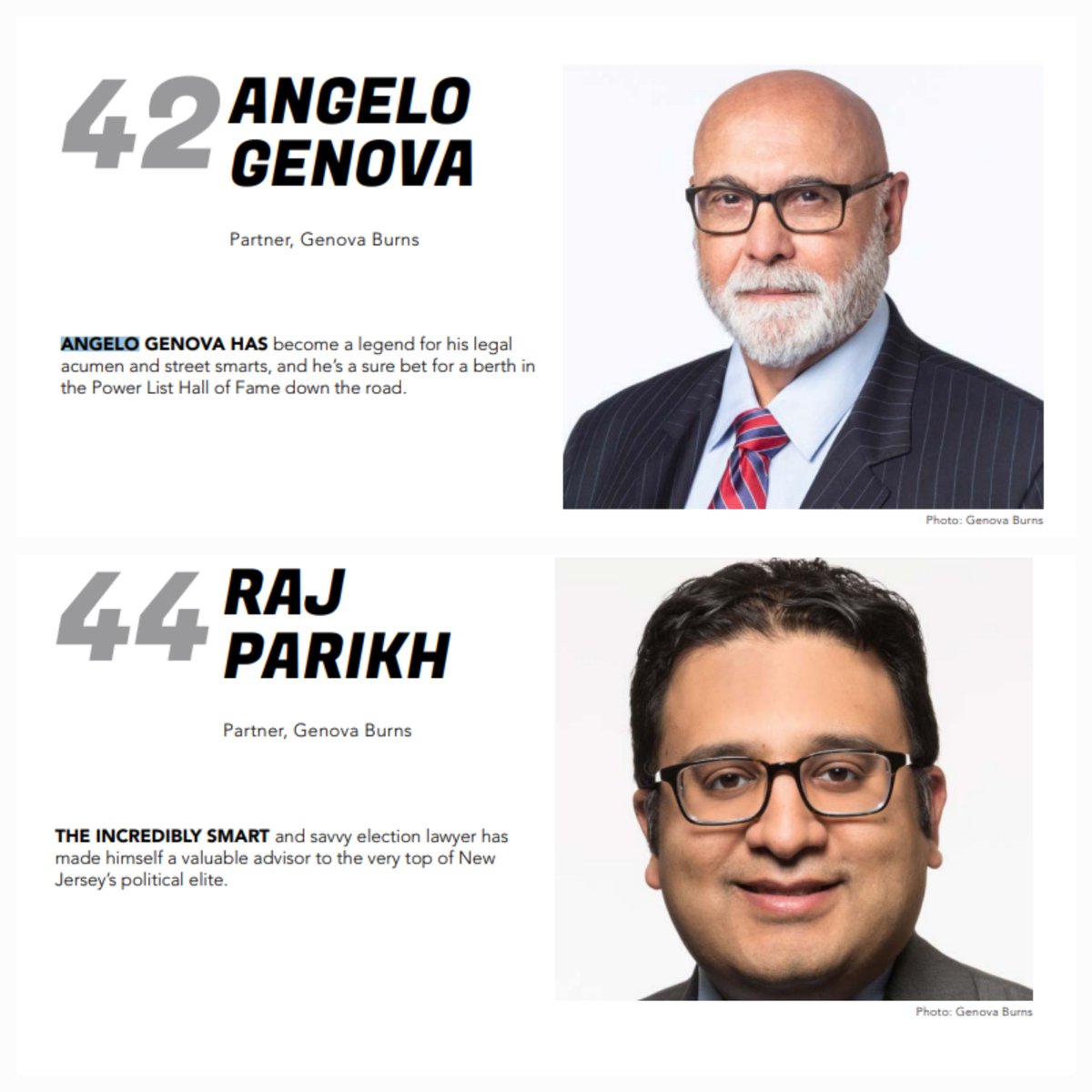 #GenovaBurns would like to congratulate Co-Founding Partner &amp; Chairman #AngeloJGenovaEsq. and Partner #RajivDParikhEsq. for their inclusion in <a href="/TheNJGlobe/">New Jersey Globe</a>'s 2023 #PowerList, which "identifies #NewJersey’s 100 most politically powerful personalities." newjerseyglobe.com/.../NJG-PWRLIS…...