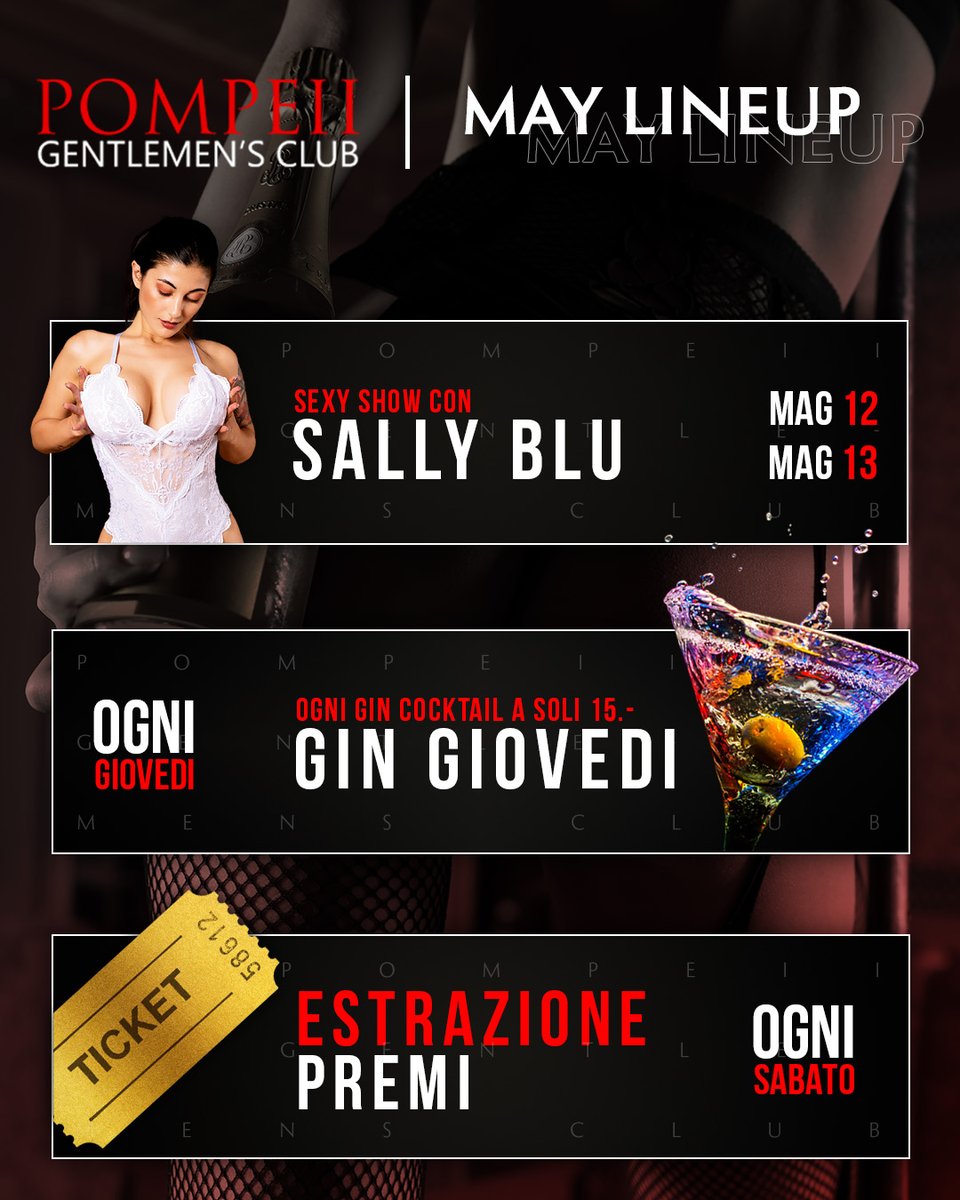 Maggio è arrivato e porta con sé eventi imperdibili al <a href="/PompeiiChiasso/">Pompeii Gent's Club</a>! 🎉

🔥 Mag 12 e 13 - Sexy show con <a href="/sallyblustar/">Sally Blu Sexy Star</a>

🍸 Ogni giovedi - Tutti i cocktail a base di gin a soli 15!

🤑 Ogni sabato - Estrazione premi