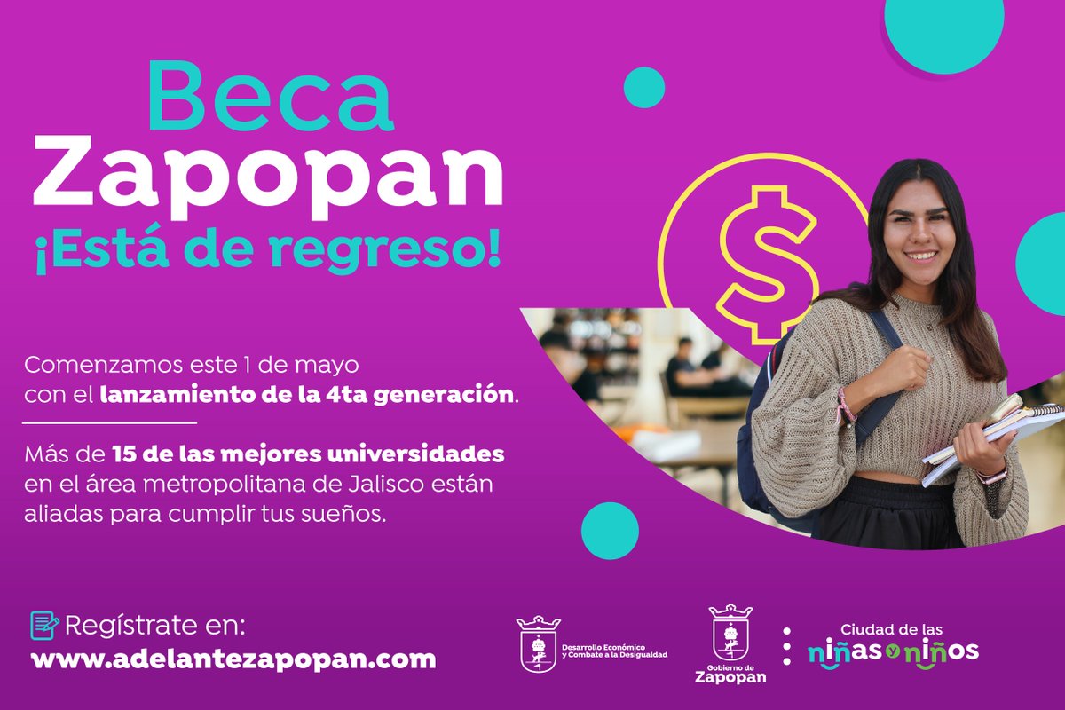Buen día a todas y todos! 🌞 me emociona compartirles que una vez mas regresa la convocatoria de Beca Zapopan para todas las personas que quieran estudiar una licenciatura STEAM! 
Conoce más y aplica en adelantezapopan.com/creditos?c=9&v…