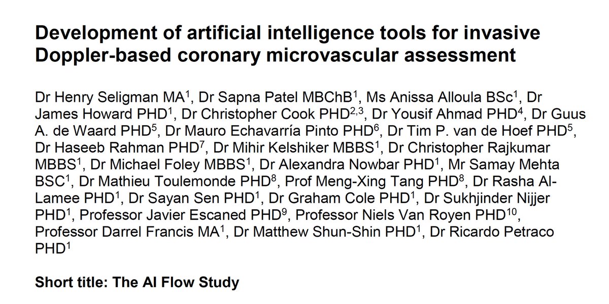 RicardoPetraco's tweet photo. Can AI help us on the diagnosis of coronary microvascular disease? 

Outstanding innovative work by @henselig @mshunshin and the team @ImperialNHLI @ImperialNHS now accepted in @ESC_Journals digital health.

We set to use AI to improve reliability of invasive Doppler-based CFR. https://t.co/QFarTRF6ww