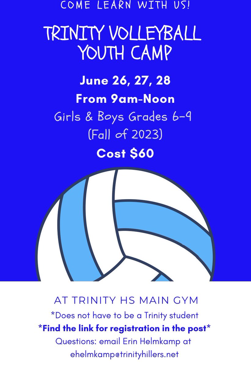 📣Trinity 🏐 Youth Camp for Summer 2023
➡️ For boys and girls going into 6th-9th next fall
🔗 for registration forms.gle/7TJmakT2vizurh…
<a href="/Trinity_Hillers/">Trinity Athletics</a>