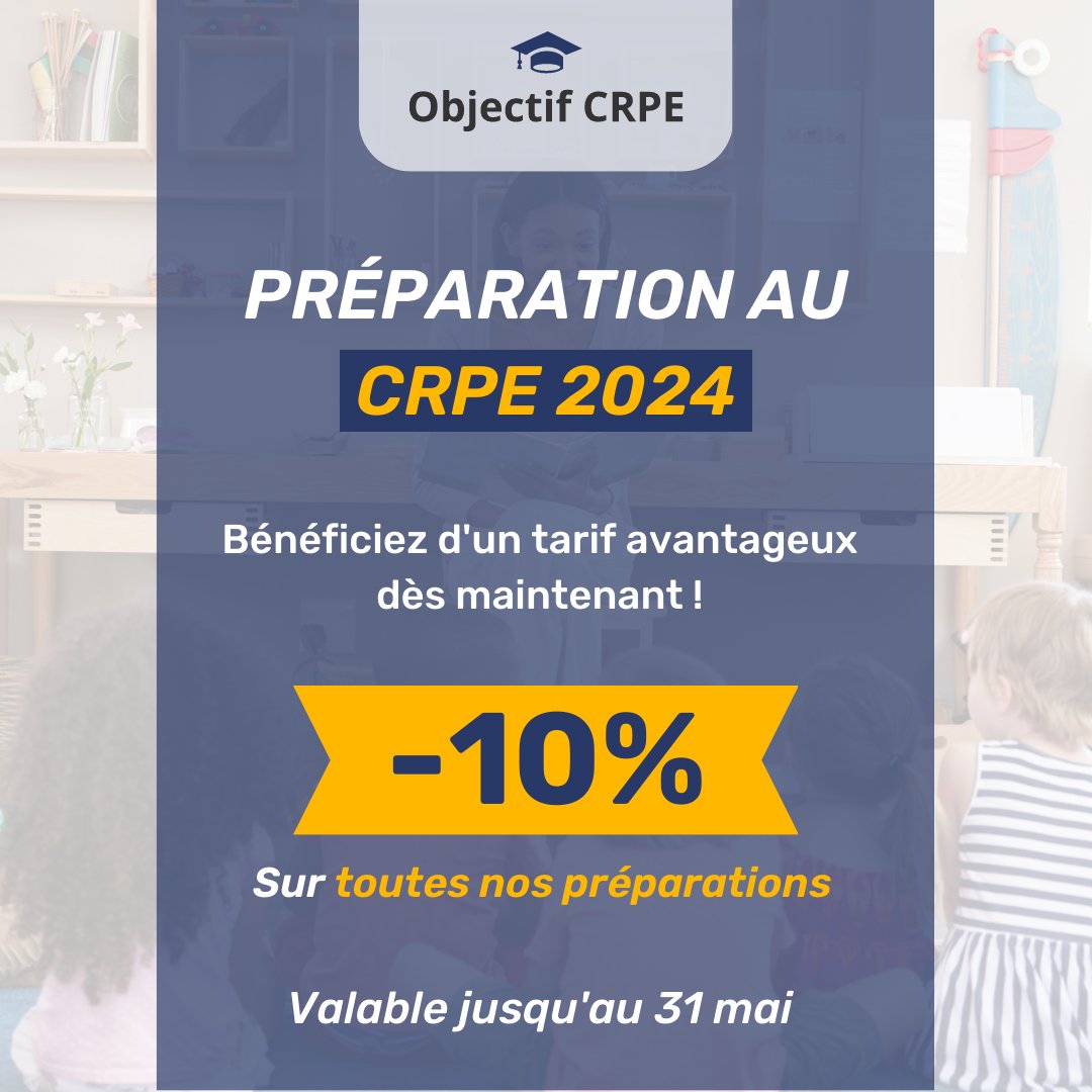 ObjectifCrpe's tweet image. Jusqu’au 31 mai seulement, bénéficiez du meilleur prix sur la préparation au CRPE 2024, grâce à une réduction de -10% sur l'ensemble de nos préparations 👉 zurl.co/26s2
Sachez que vous pouvez échelonner votre paiement jusqu’à 12 fois sans frais par carte bleu !