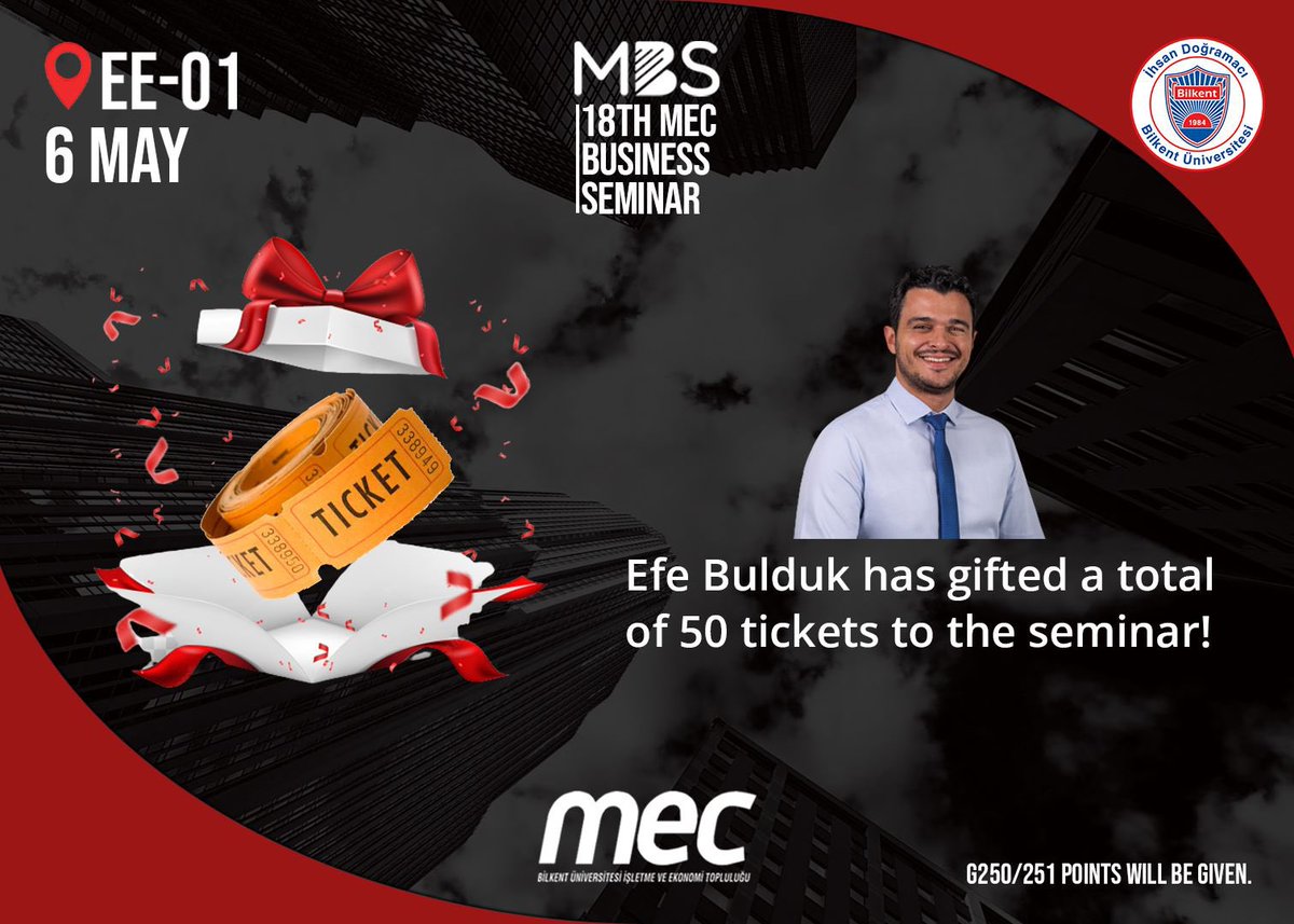 Çok değerli konuğumuz ve eski mezunumuz Efe Bulduk, şu andan itibaren bilet alan ilk 50 kişiye etlinlik biletimizi hediye ediyor. Linkten ücretsiz bileti alan 50 kişiden biri olmak için acele et ve etkinlikte yerini ayırt! biletino.com/tr/e-mr5/18-me…