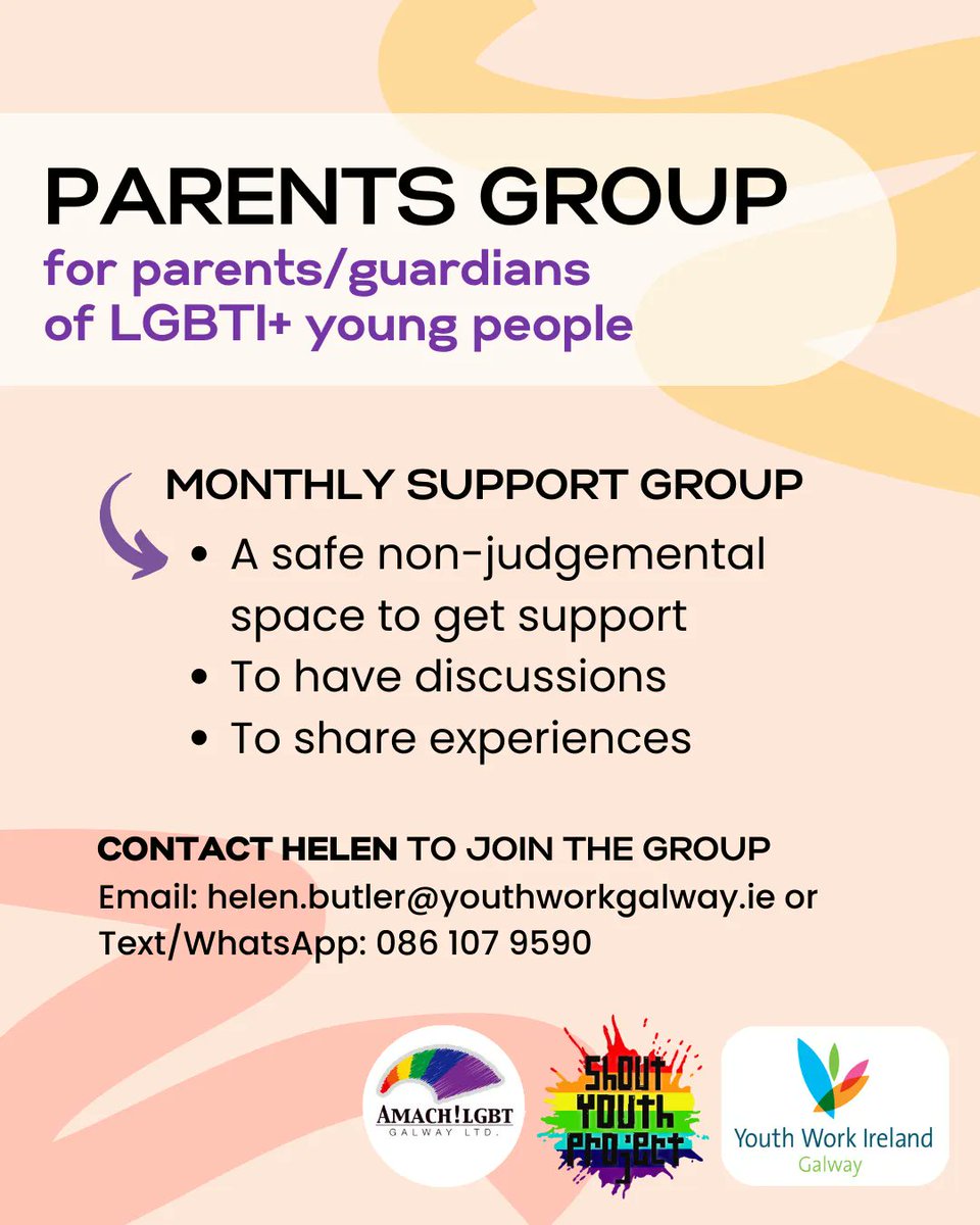 Our new Parent's Group, for parents/guardians of LGBTI+ young people, in collaboration with ShOUT!, @ywigalway is always open for new members 🏳️‍🌈 Contact Helen to join the group: email helen.butler@youthworkgalway.ie or text/WhatsApp her on 086 107 9590