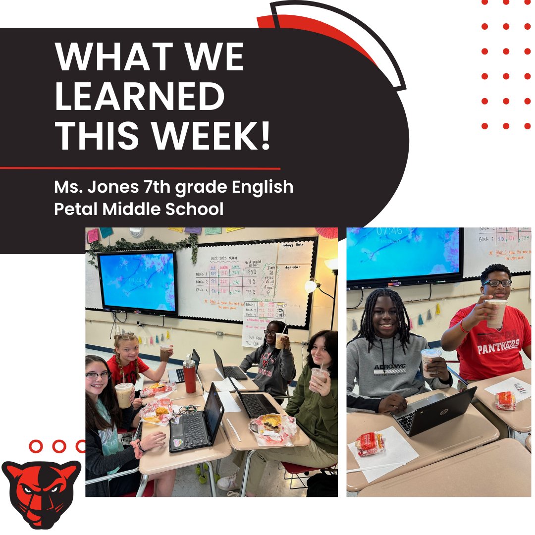 petalschools's tweet image. At Petal Middle School, Ms. Jones’ first block grew 90% on the spring NWEA test! That’s worth celebrating with Hardee’s biscuits, The Ssipp coffee, and lots of smiles! #PantherProud #ALLIn #WhatWeLearned