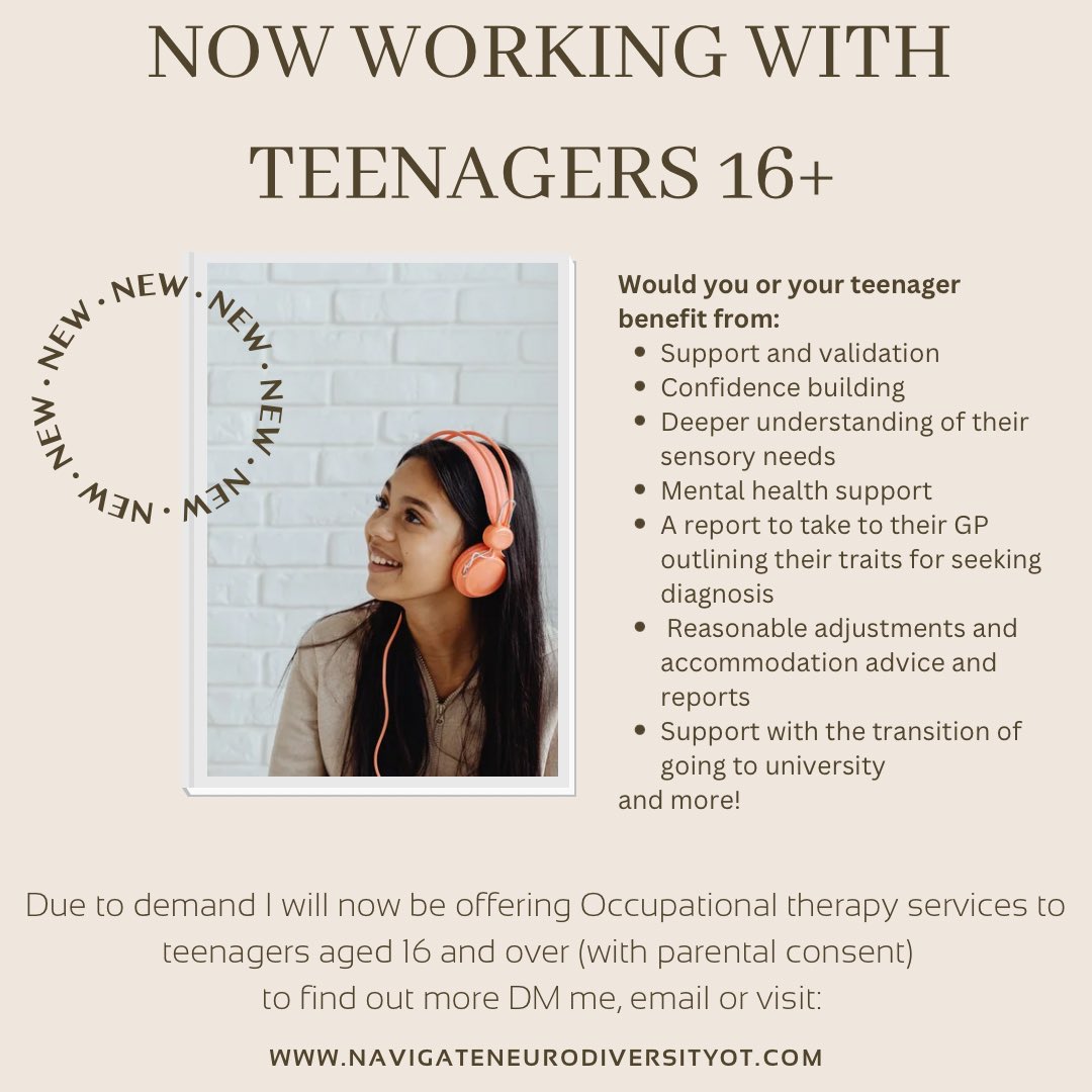 Hi I’m a neurodivergent OT with lived experience of autism, dyslexia, dyspraxia, mental health and persistent pain. 
Due to demand my books are opening to teens 16+ in the uk (OT via video call).
Thank you for your ongoing support💛♾️

#ActuallyAutistic #LivedExperience