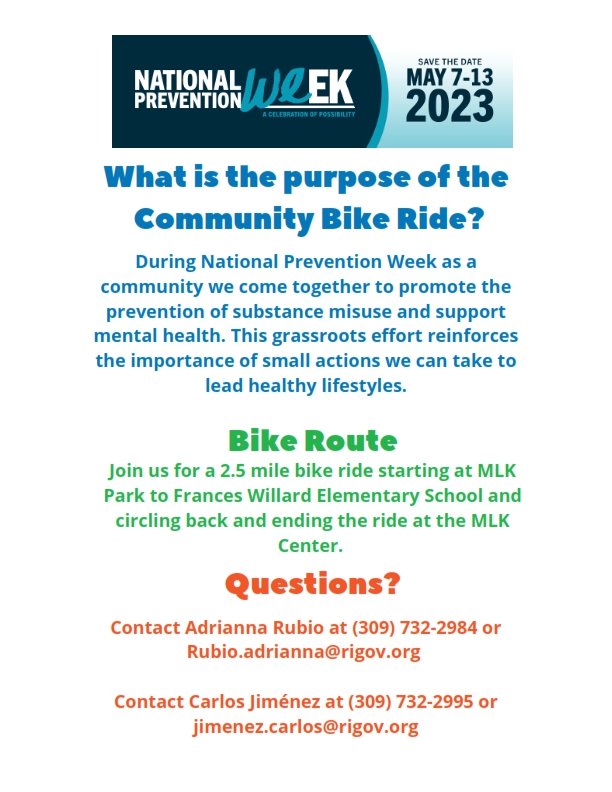 CityRockIsland's tweet photo. Come join members of #RockIsland and #MLKCenter next week on Thursday for the 3rd Annual Community Bike Ride to promote #NationalPreventionWeek. The bike ride will promote the prevention of the misuse and abuse of harmful substances and support mental health. #twill #MentalHealth https://t.co/NJsjB5qEvQ