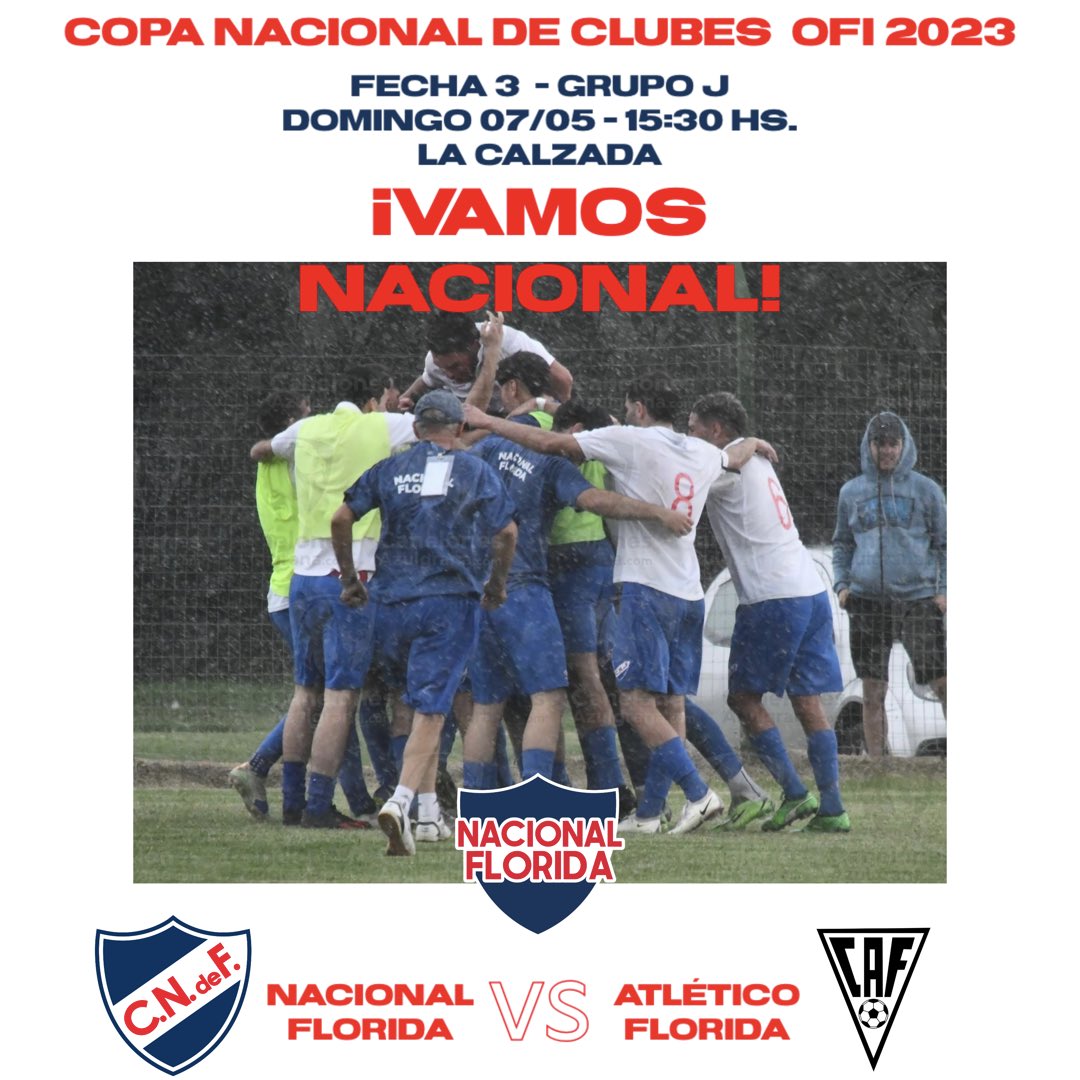 COPA NACIONAL DE CLUBES OFI 2023
Grupo J - Fecha 3

Nacional Florida recibe a <a href="/AtleticoFlorida/">Club Atlético Florida Oficial ⭐️</a> 

🗓️ Domingo 07/05
⏰ 15:30 hs.
🏟️ La Calzada 

#NacionalFlorida