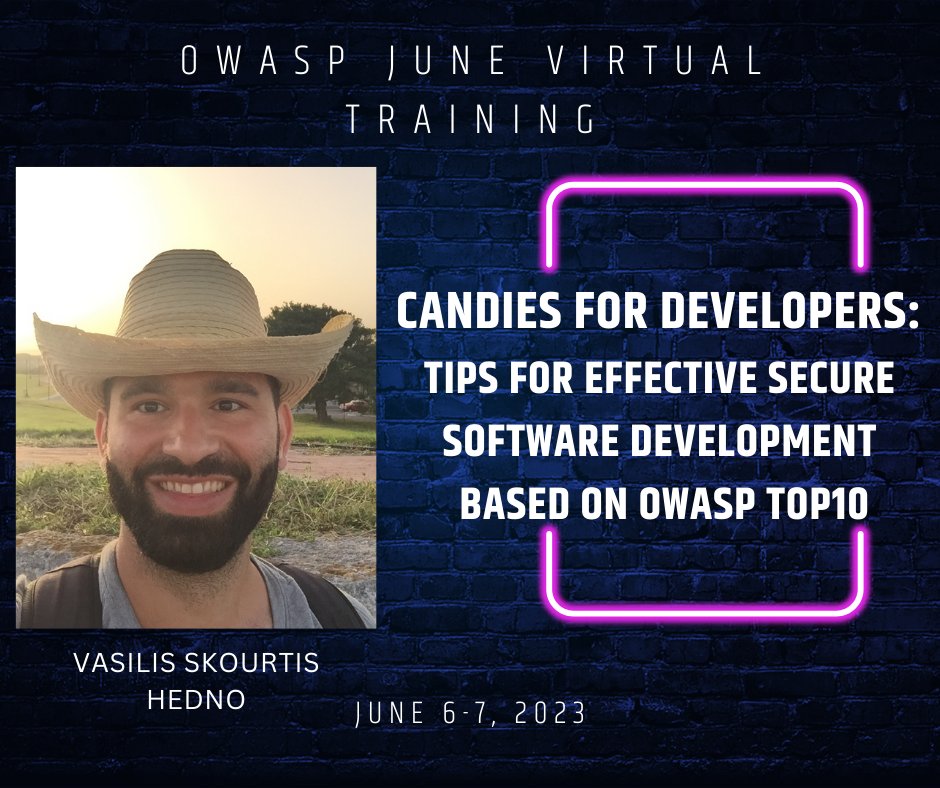 owasp's tweet image. Join #OWASP and @vskourtis for "Candies for Developers" - Affected by Paretto's law, this workshop trains #developers eyes to catch early the 20% of the cases that produce 80% of the vulnerabilities.  LEARN more about our VIRTUAL June #training TODAY: 

eventbrite.com/e/owasp-2023-v…