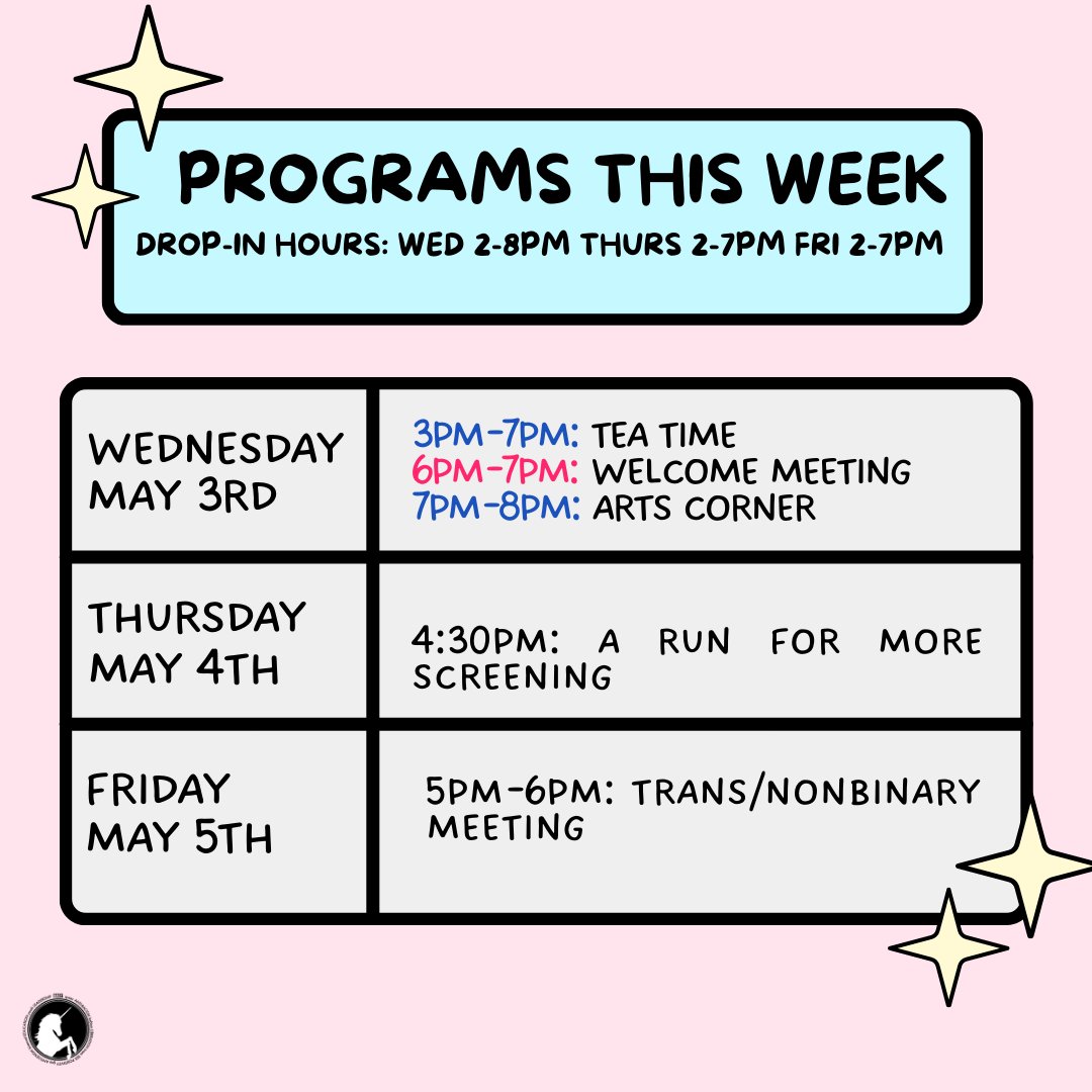 Here are this week's programs! Wed: 6PM Welcome Meeting & 7PM Arts Corner Thurs: 4:30PM 'A Run For More' Screening Fri: 5PM Trans/Nonbinary Meeting For more info, visit bagly.org/programs. See you soon!