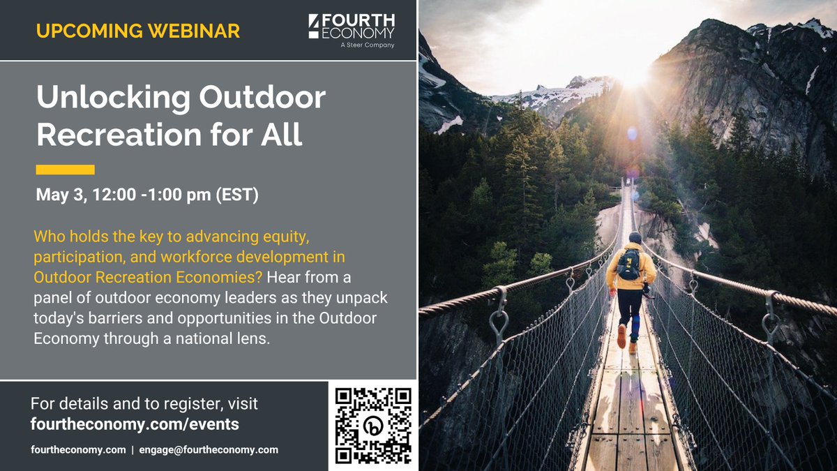 Last call to register! Join <a href="/FourthEconomy/">Fourth Economy</a> tomorrow, Wednesday, May 3, 12-1 pm ET, to learn how outdoor economy experts approach modern challenges and embrace outdoor recreation opportunities. bit.ly/3U6Fe2u
