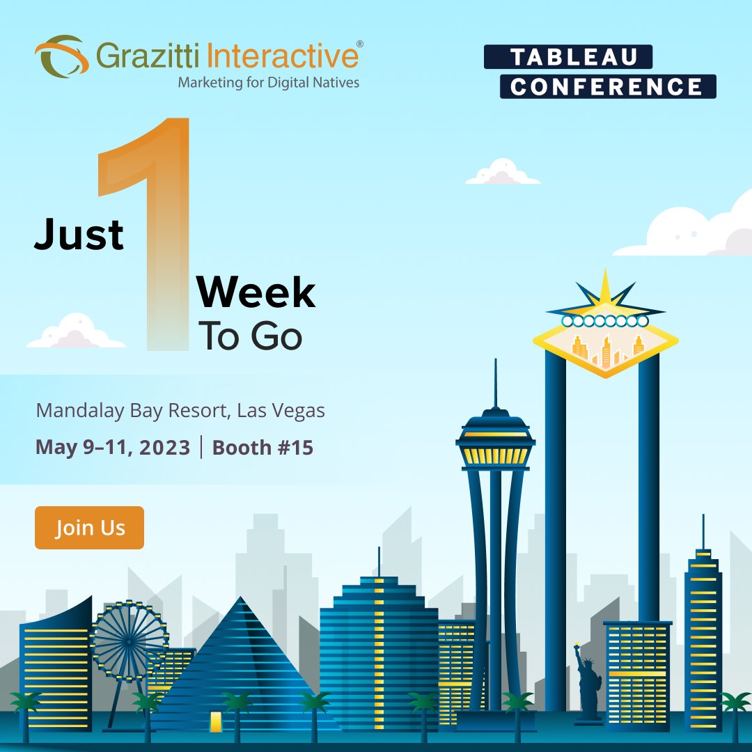 Grazitti's tweet photo. With just one week to go for the Tableau Conference, we're gearing up for three days of insightful learning &amp; networking. Join us!

👉 https://t.co/G3oJyZr48W 👈

#DataFam #Tableau #Data23 #Grazitti https://t.co/jxlNTAo5wQ