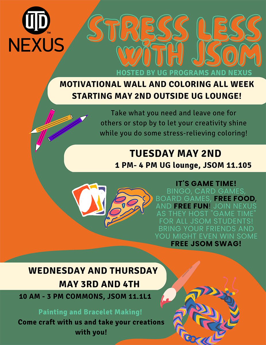 jindal_utdallas's tweet photo. It's that time of year again...

Come take a break from studying for finals and join us for some anti-stress activities hosted by our #JSOM UG Programs and NEXUS!

🗓️: May 2-4

Full Schedule 👇 https://t.co/2VvB3w3GFq