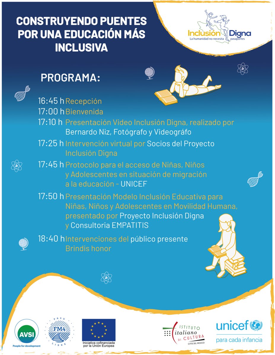 Conoce el programa de la conferencia “𝐂𝐨𝐧𝐬𝐭𝐫𝐮𝐲𝐞𝐧𝐝𝐨 𝐩𝐮𝐞𝐧𝐭𝐞𝐬 𝐩𝐨𝐫 𝐮𝐧𝐚 𝐞𝐝𝐮𝐜𝐚𝐜𝐢𝐨́𝐧 𝐦𝐚́𝐬 𝐢𝐧𝐜𝐥𝐮𝐬𝐢𝐯𝐚”.
𝐃𝐢́𝐚: Martes 9 de mayo del 2023
𝐇𝐨𝐫𝐚: 5:00 PM A 7:00 PM