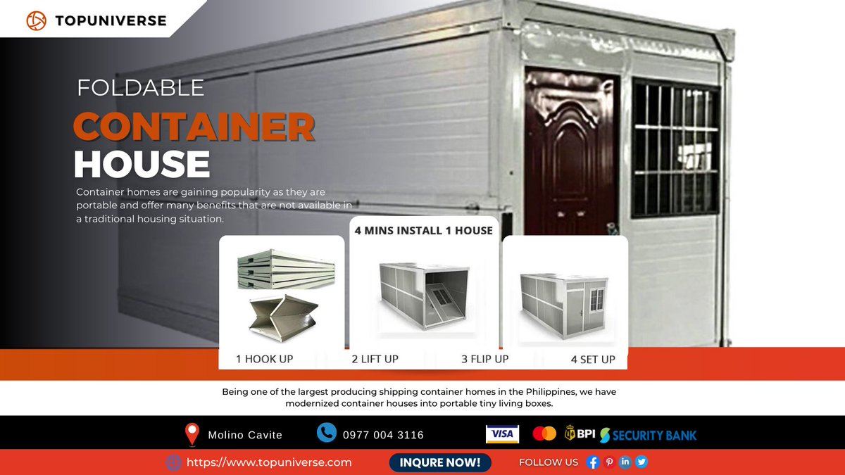 We have offered our foldable container homes.
Foldable container homes have many benefits, including easy transportation and storage, rust-resistance, stability, seamless connection design, strong sealing performance, safety, and efficiency. 
📷09770043116
📷hello@topuniverse.com