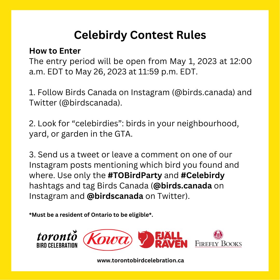 The Quest for the Celebirdies is on! Tell us about the birds you've crossed paths with in May to be entered to win one of 4 prizepacks including gear from Fjallraven and a pair of Kowa Optics YF-II 8×30 Porro Prism Binoculars! Prizes: torontobirdcelebration.ca  #TObirdparty