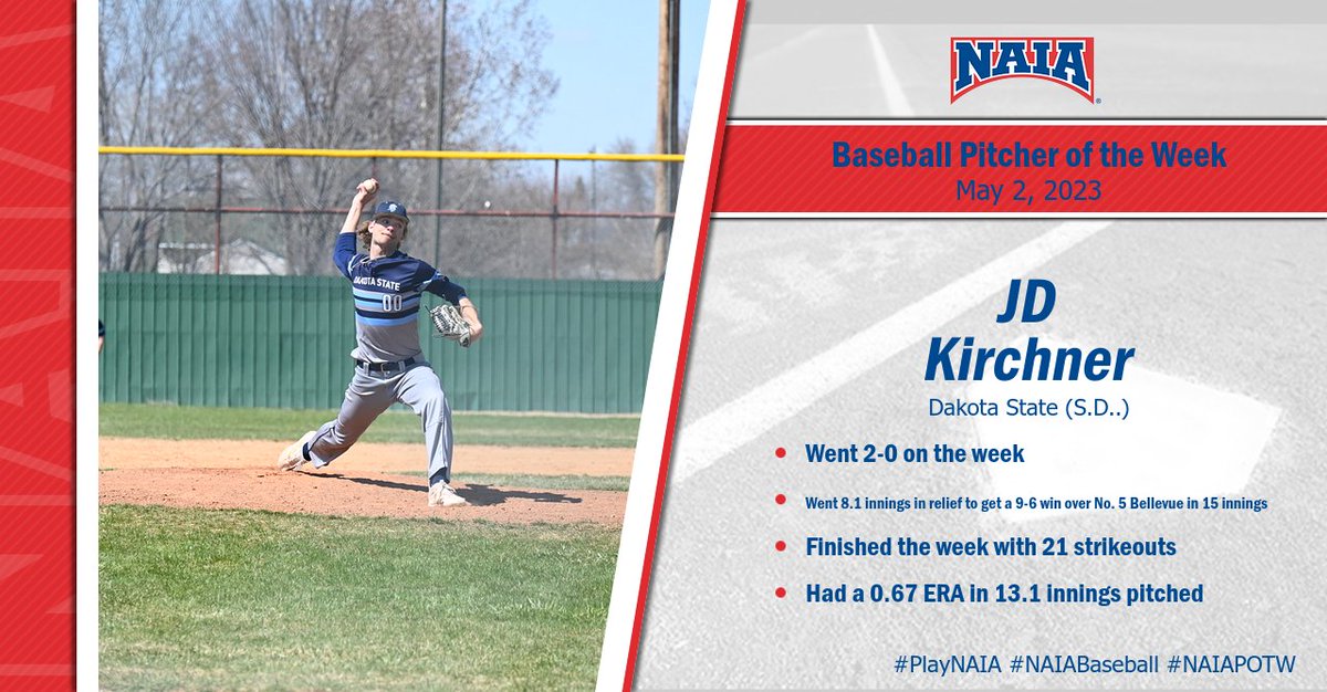 ⚾️|

JD Kirchner of @DSU_Trojans  has been named #NAIABaseball #NAIAPOTW after winning a pair of games on the mound for the Trojans last week.

Read More - bit.ly/3VlPdSd

#PlayNAIA #collegebaseball