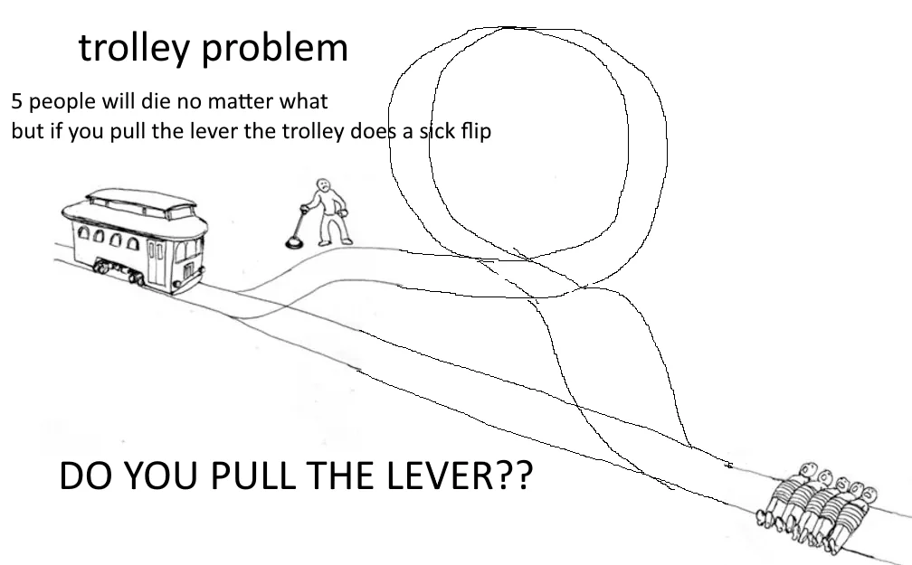 DTrolleyProblem's tweet photo. Do you pull the lever?
#thetrolleyproblem #trolleyproblem https://t.co/cQXhMtk8vg